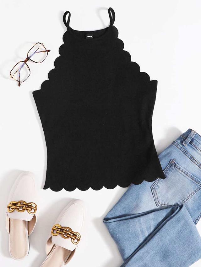 black scallop edge halter neck knit top