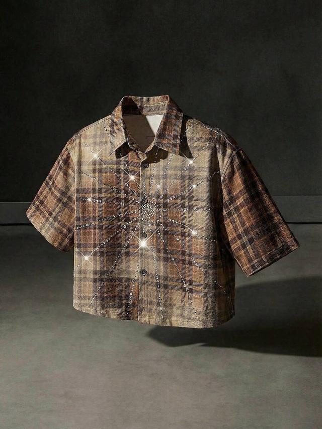 neon blanc rhinestone print plaid short sleeve shirt
