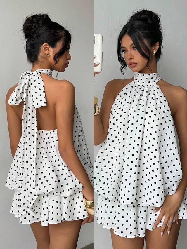 white with black polka dots halter mini dress