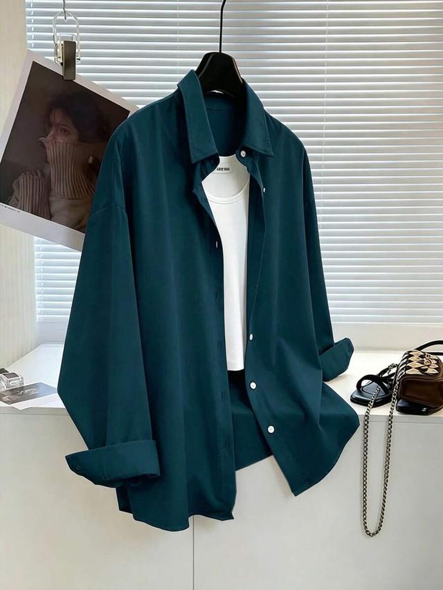 nostanoir solid color single-breasted loose long sleeve shirt