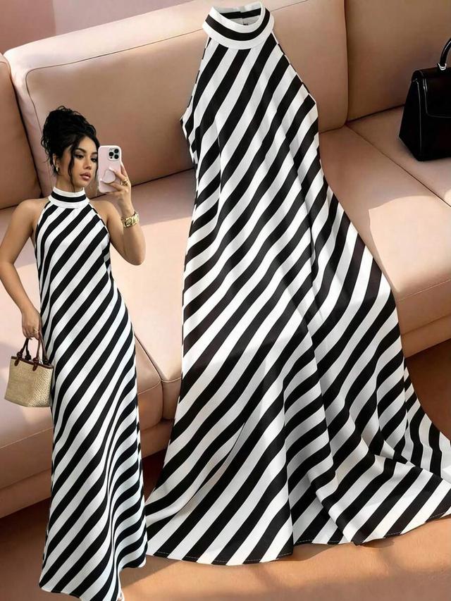 black and white striped halter neck long dress