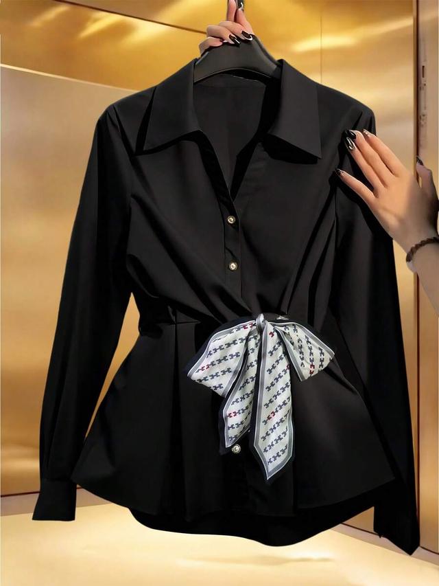 women's black long sleeve cinched waist scarf tie blouse