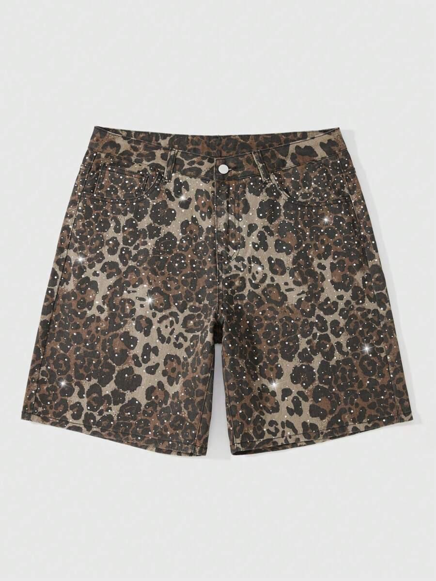 leopard print rhinestone embellished denim shorts