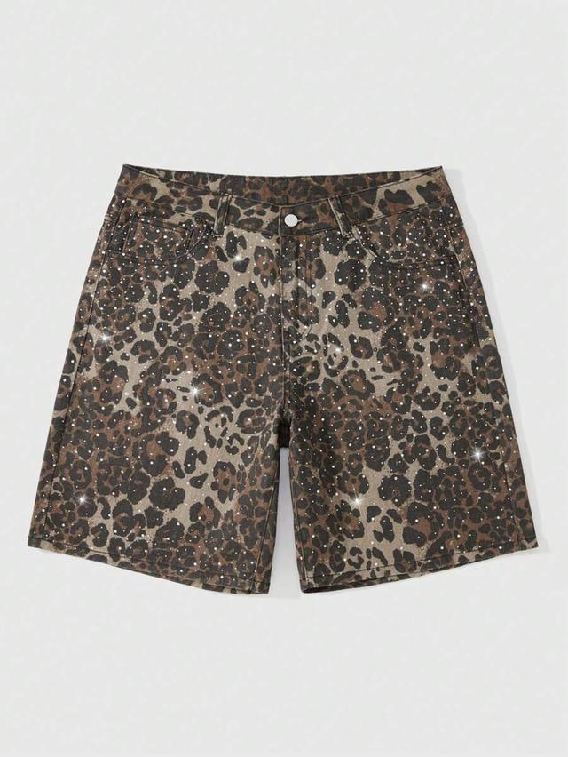 leopard print rhinestone embellished denim shorts