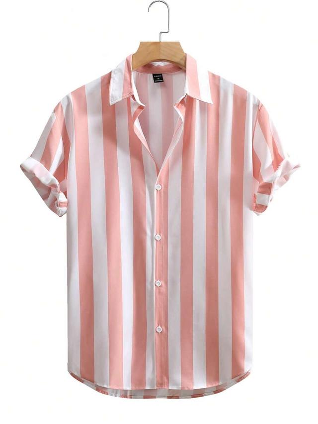 men's pink and white striped short sleeve shirt