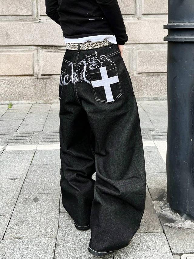 black embroidered wide leg loose denim jeans