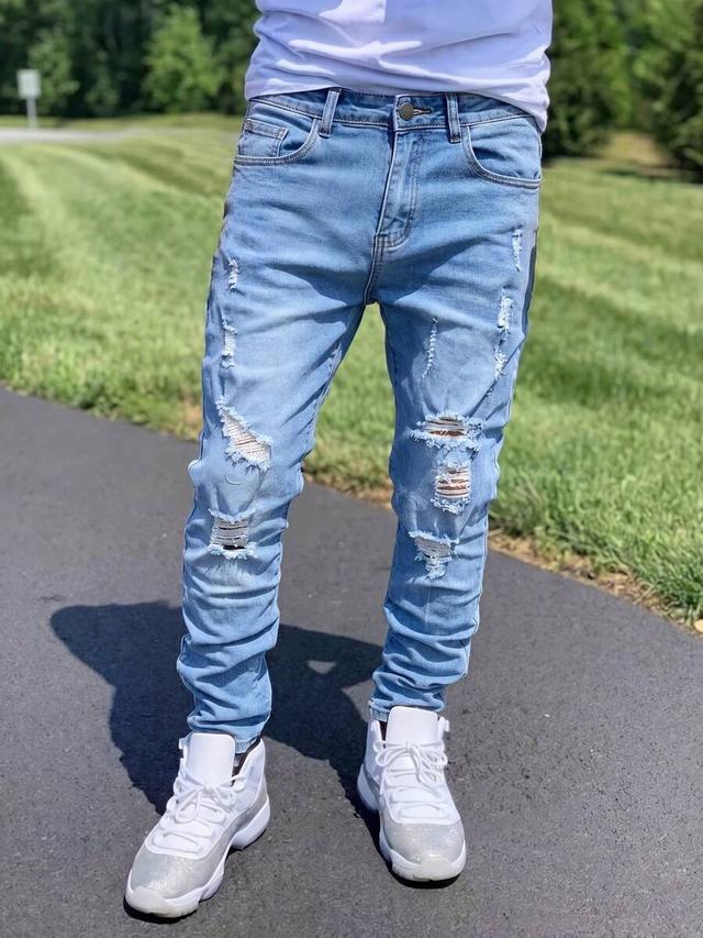 men's blue stretch slim fit distressed tapered jeans