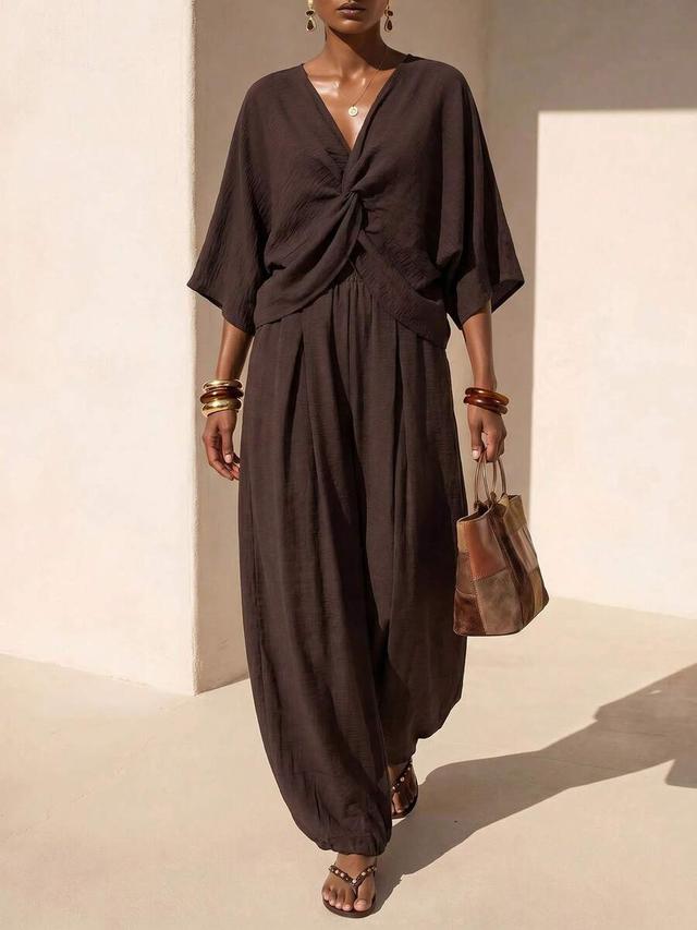 brown linen knot front top and tapered pants set