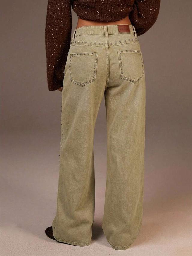 olive green rivet detail wide leg casual jeans