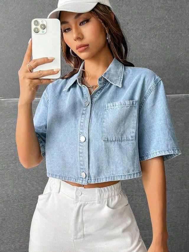 light blue patched pocket drop shoulder denim shirt
