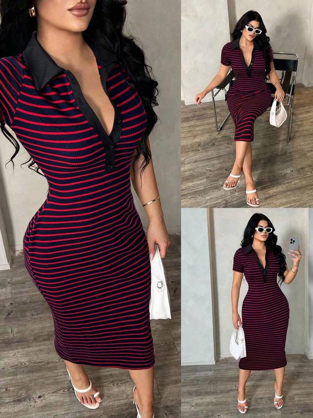 striped ribbed polo midi dress