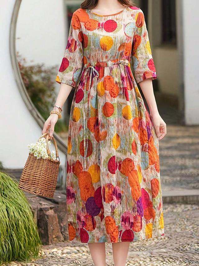 autumn/winter elegant mid-sleeve printed loose drawstring dress