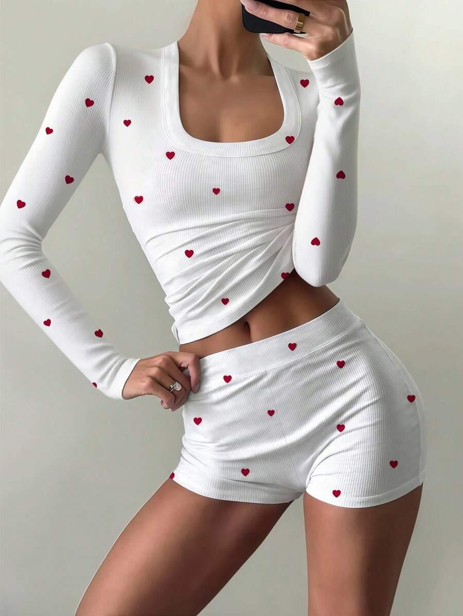 white ribbed heart print long sleeve pajama set