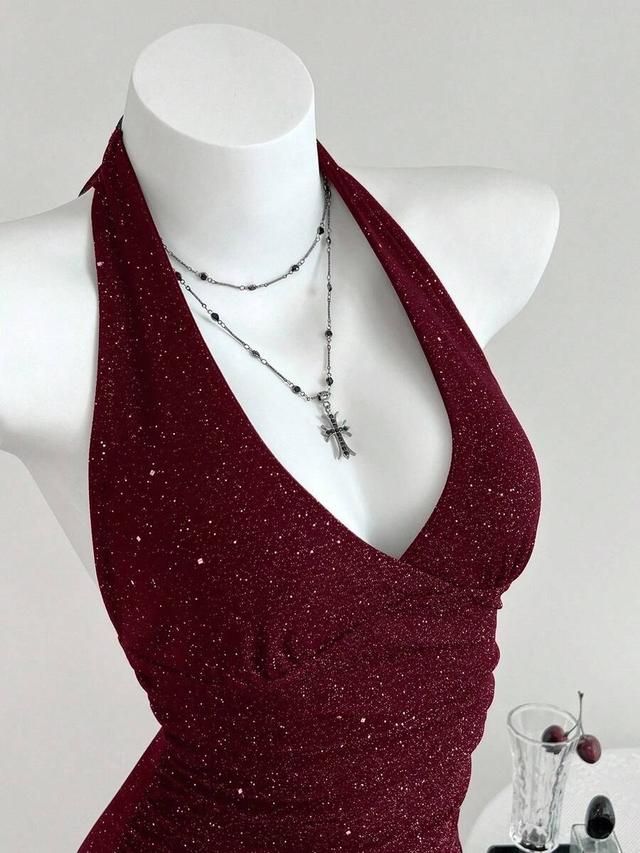 burgundy glitter criss-cross ruched halter bodysuit