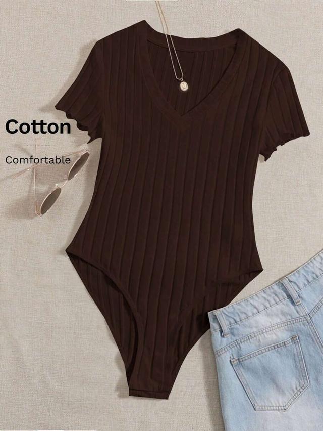 brown ribbed knit v neck bodysuit
