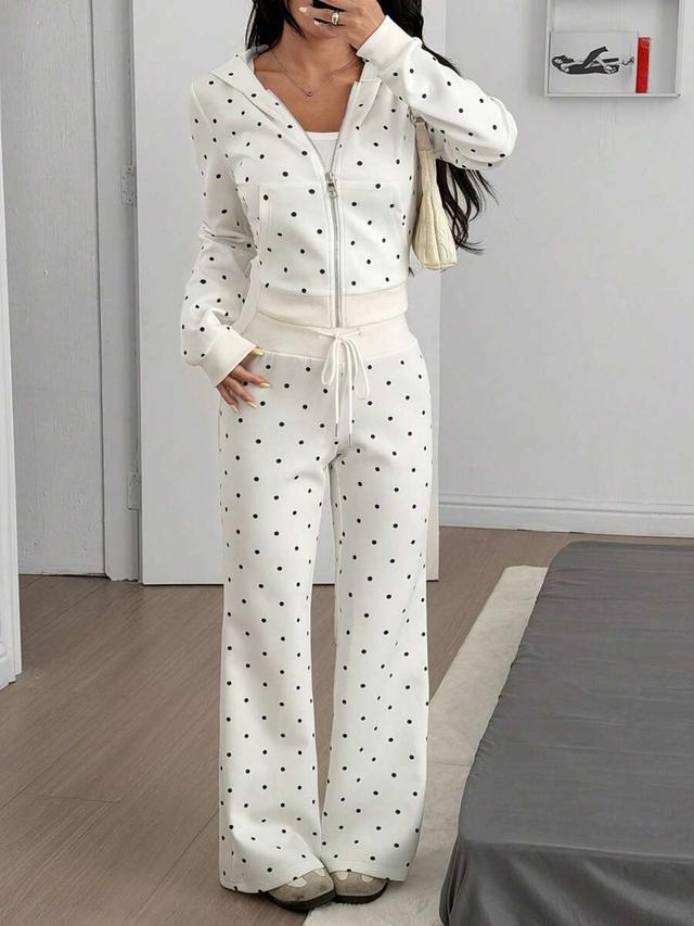 polka dot print zip-up hoodie and flare pants set