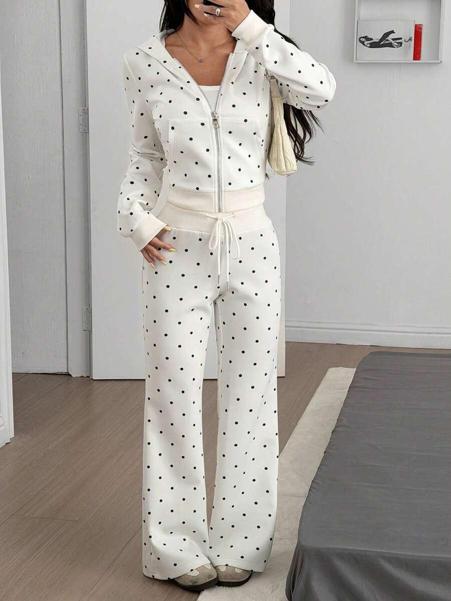 polka dot print zip-up hoodie and flare pants set
