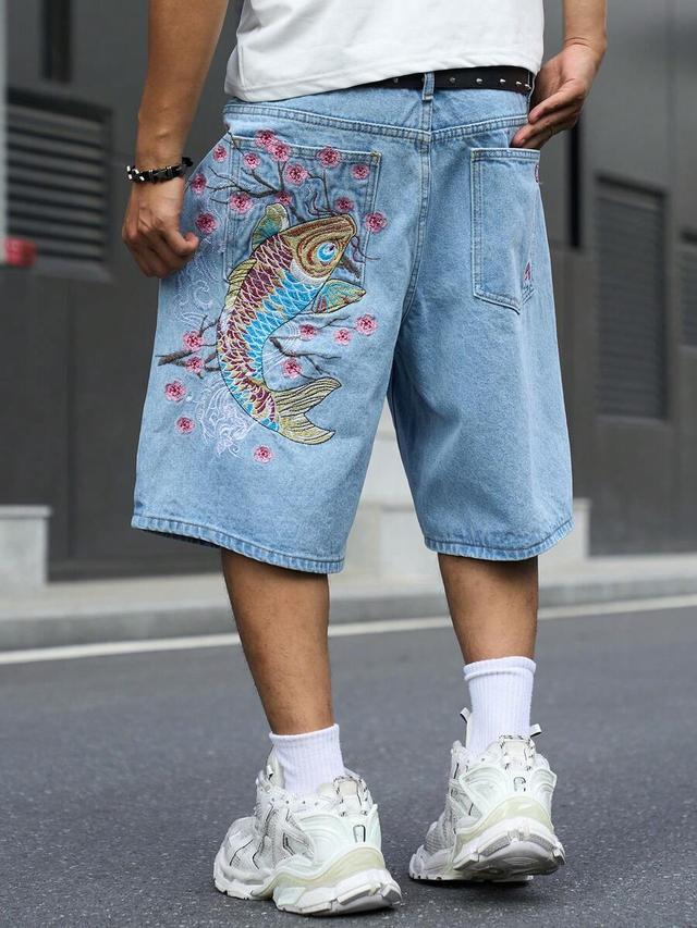 men's street style embroidered blue denim shorts