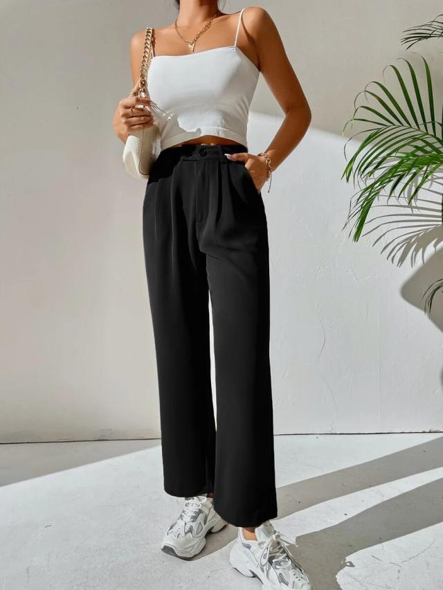 high waist plicated straight leg black dress pants