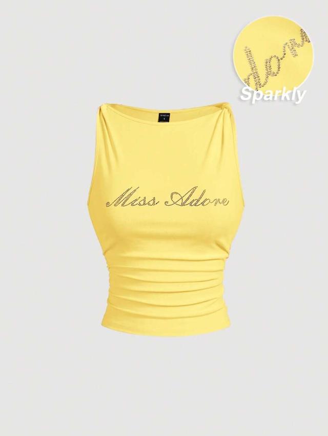 rhinestone embellished ruched fitted yellow tank top