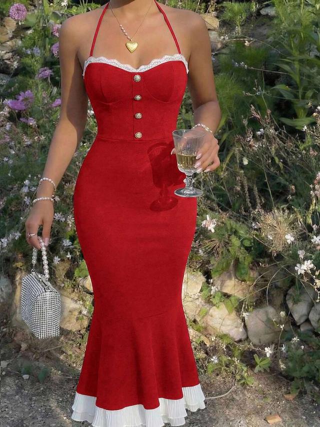 red and white striped lace trim hem dress