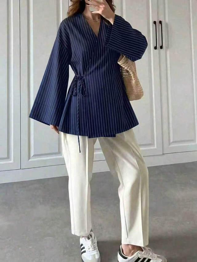 minimalist navy pinstripe tie front long sleeve blouse