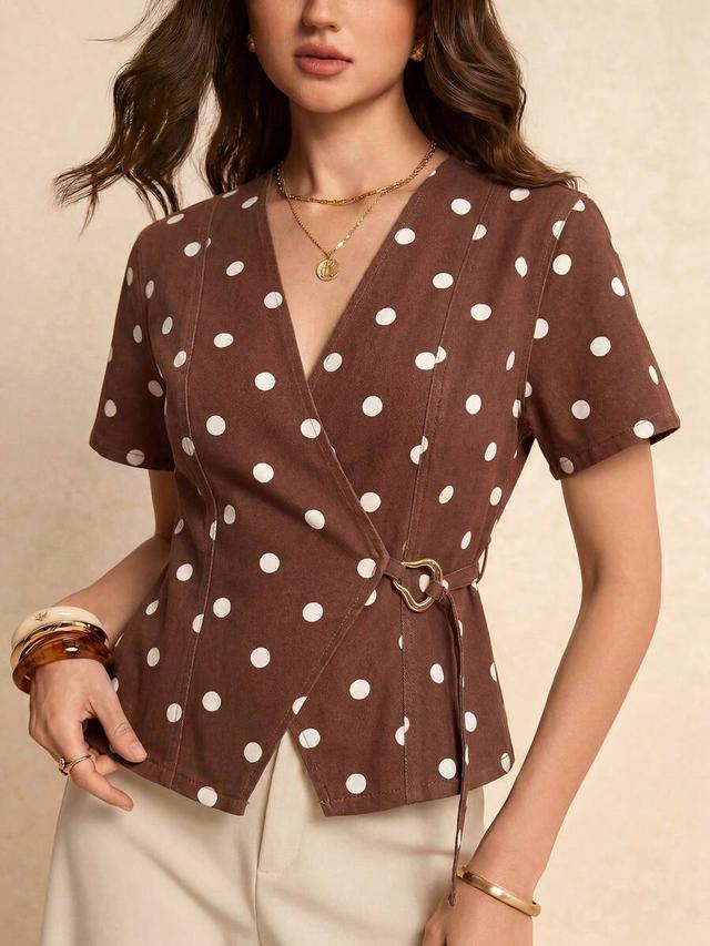 brown polka dot linen wrap blouse