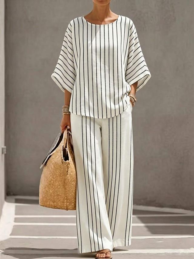 striped batwing sleeve top and wide leg pants set