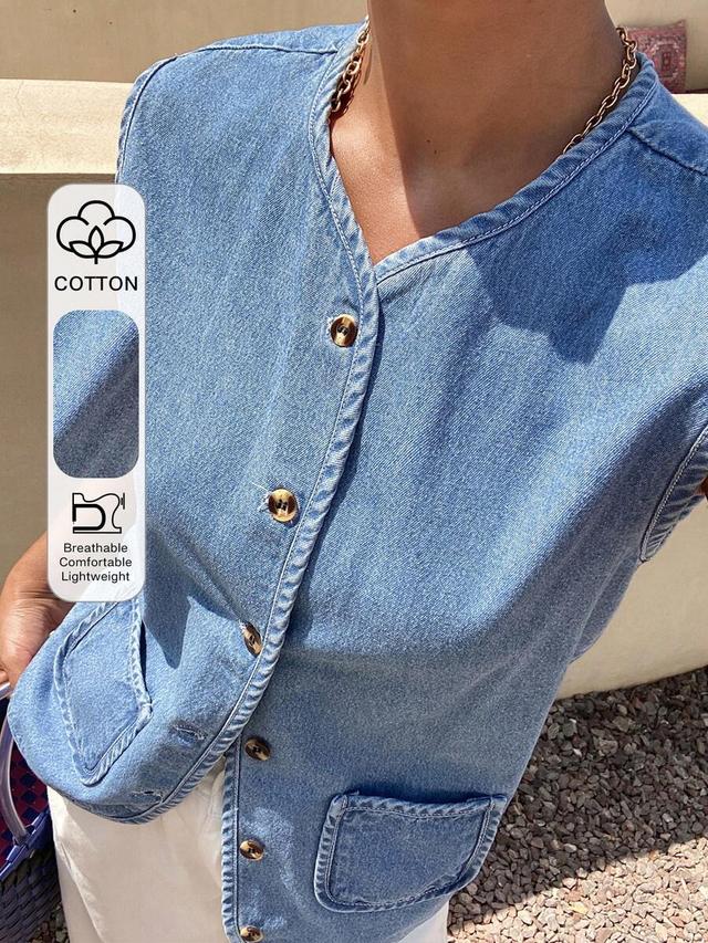 sleeveless round neck fitted denim top with pockets