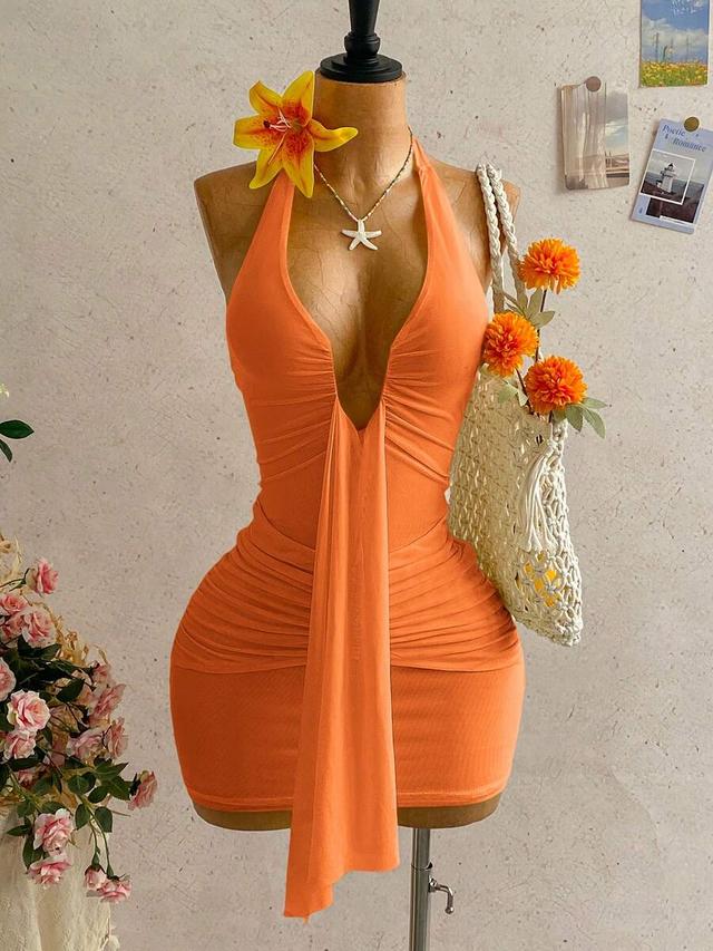orange ruched halter neck mini dress