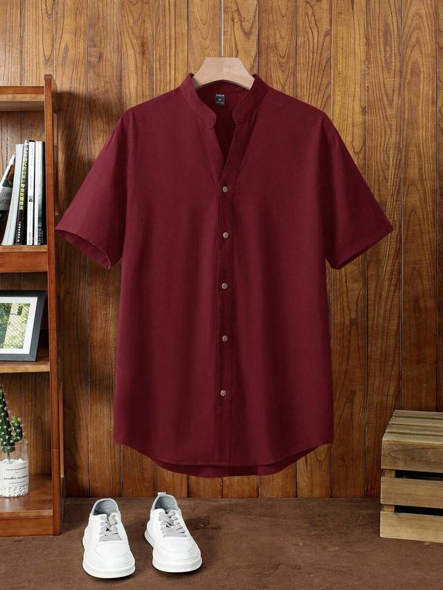 burgundy red casual short sleeve button-down shirt