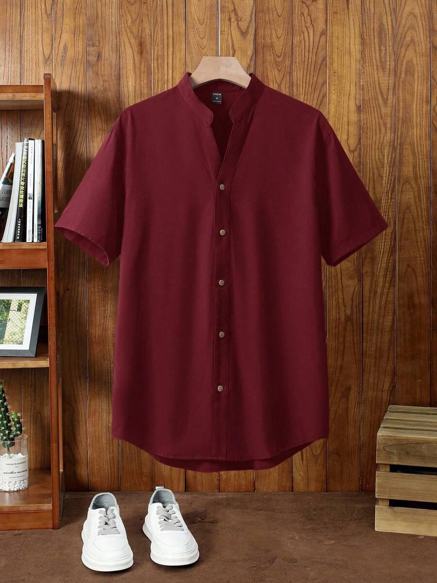 burgundy red casual short sleeve button-down shirt