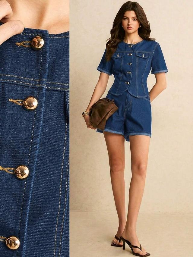 casual smart commuter dark blue denim top and shorts set