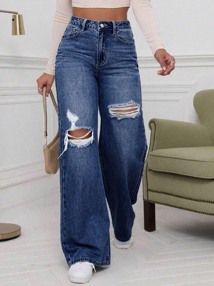washed denim high waist ripped wide leg jeans