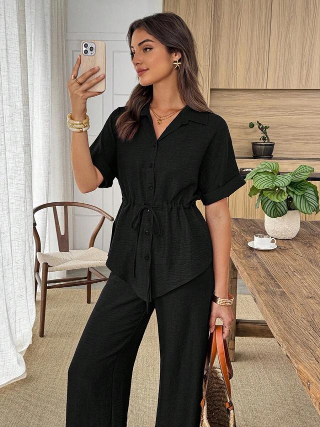 black casual drawstring waist collared shirt