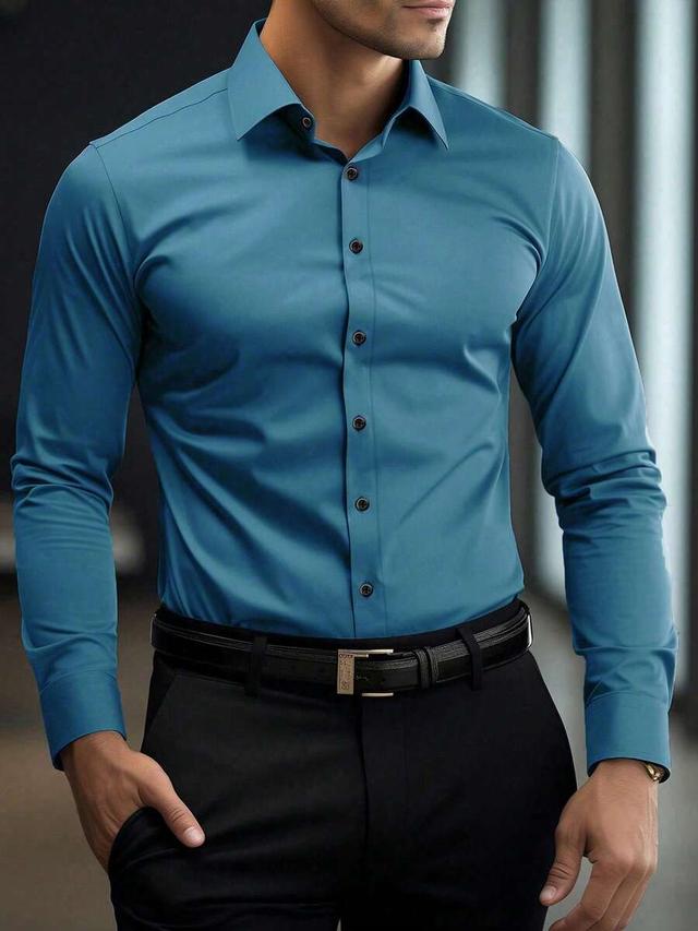 solid blue long sleeve formal dress shirt