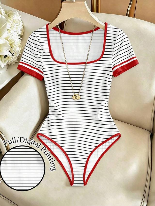 multicolor stripe patchwork square neck short sleeve bodysuit