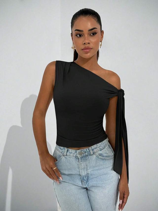 asymmetric oblique shoulder tie strap black blouse