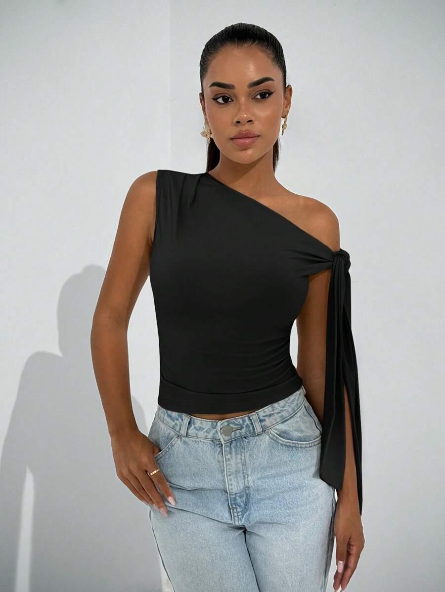 asymmetric oblique shoulder tie strap black blouse