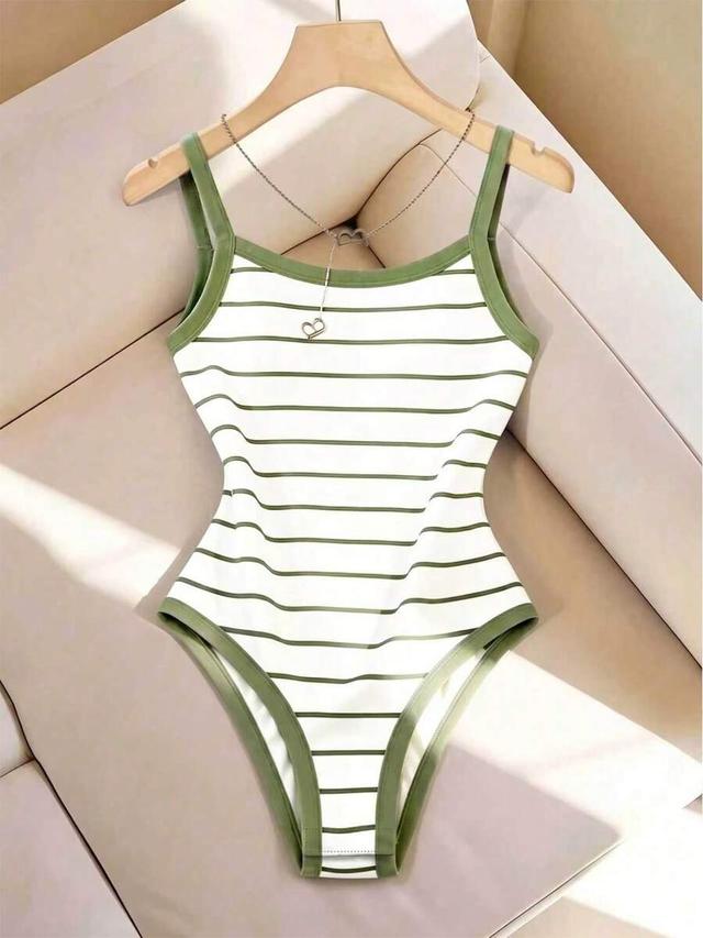 white and green striped spaghetti strap bodysuit