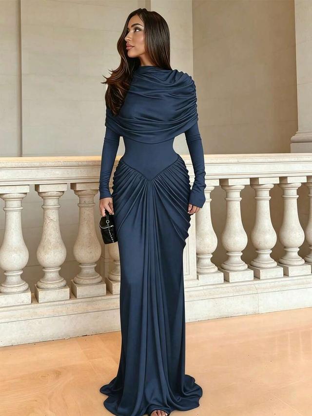 dark blue elegant draped cape design fitted long dress