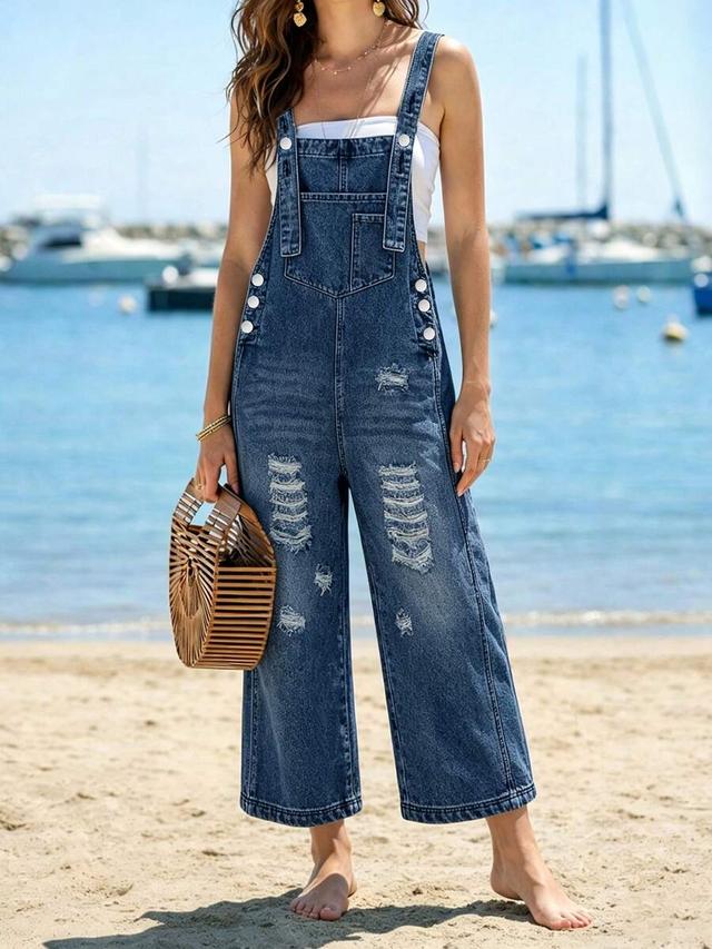 distressed blue denim wide leg dungarees