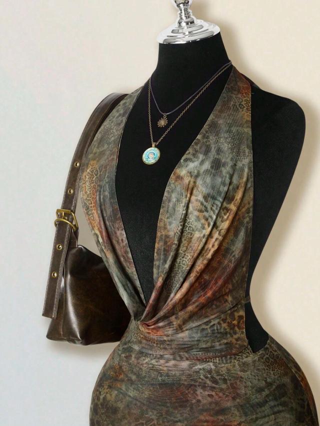 dark green gradient leopard print halter fishtail dress