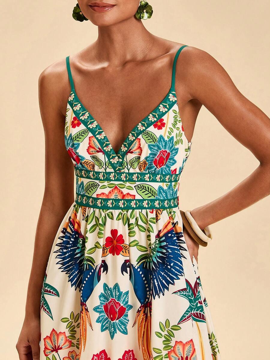 beige tropical print summer midi dress