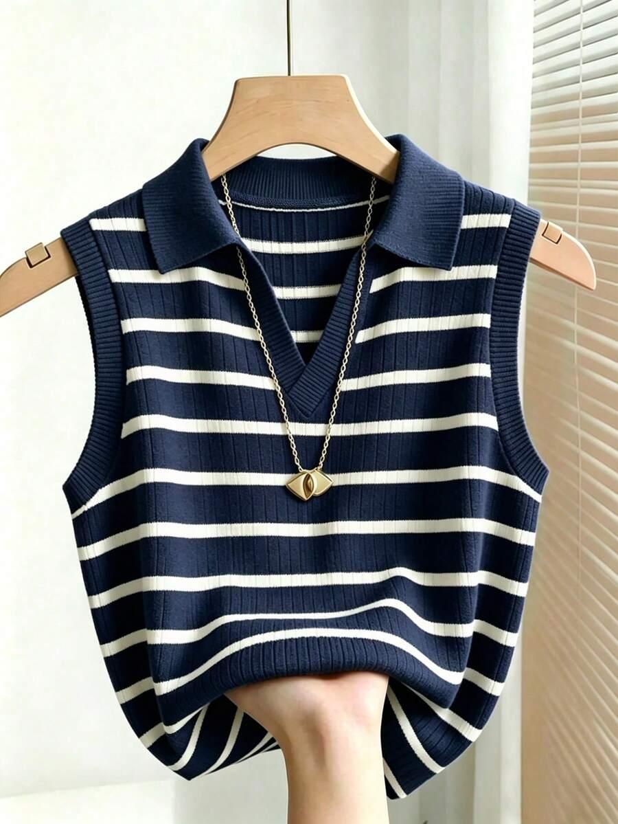 navy and white striped knitted collared vest