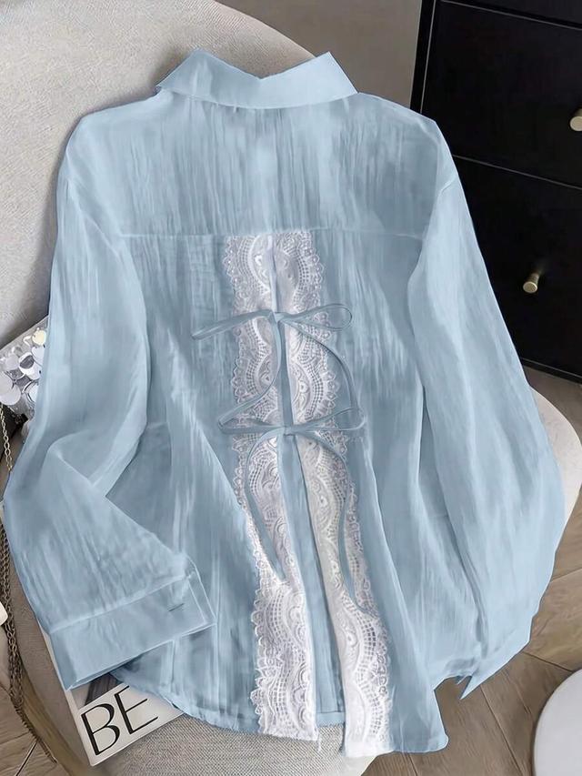light blue lace trim semi-transparent layering shirt