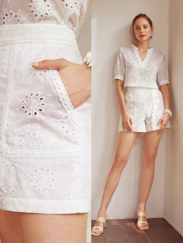 white schiffli embroidered straight leg shorts