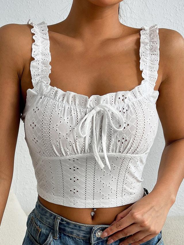 white schiffli eyelet frill trim tie front crop top