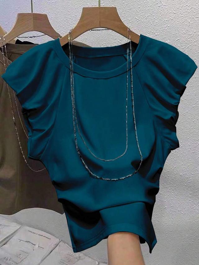 khaki round neck pleated ruffle sleeve top