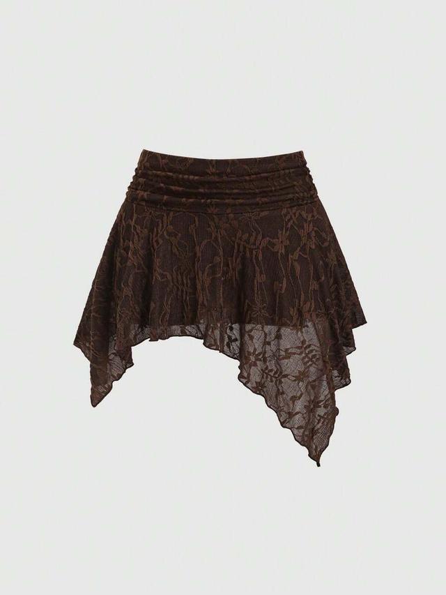 brown lace asymmetric pleated low waist mini skirt